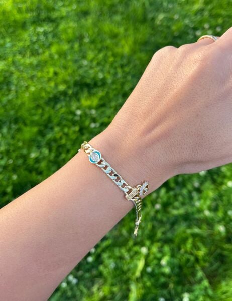 14K Taşlı Kalpli Zincir Bileklik