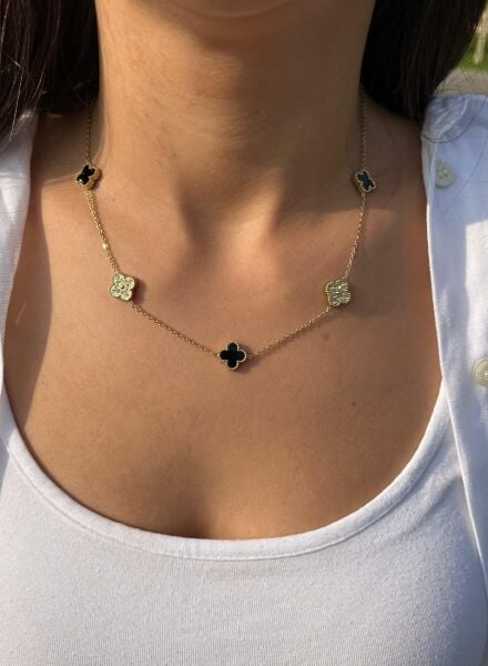 Siyah Yonca ve Taşlı Yonca Kolye