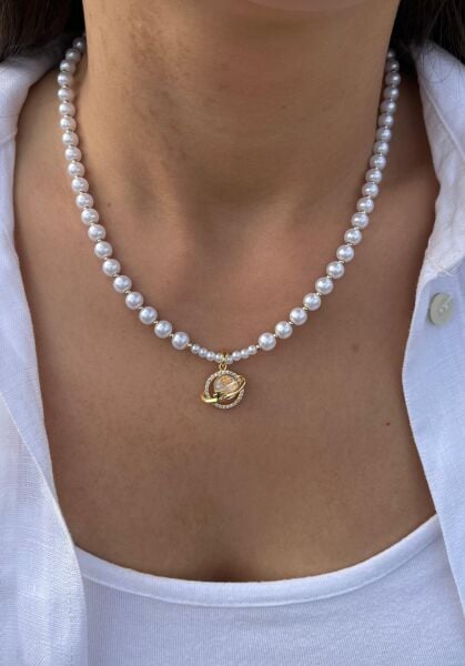 İnci Taş Dizilimli Gezegen Uçlu Kolye