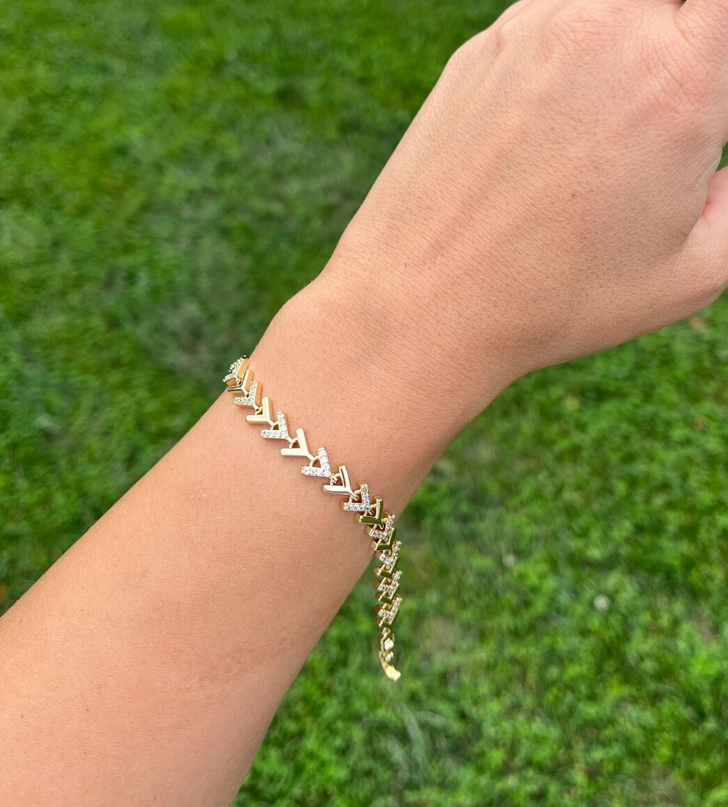 14K Örüntü Taşlı V Kılçık Bileklik