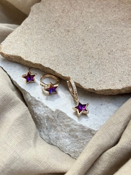 YSX Jewelry  Mor Yıldızlı Üçlü Küpe Seti