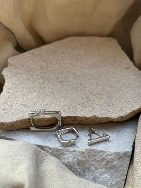 YSX Jewelry Gümüş Renkli Geometrik Üçlü Küpe Seti