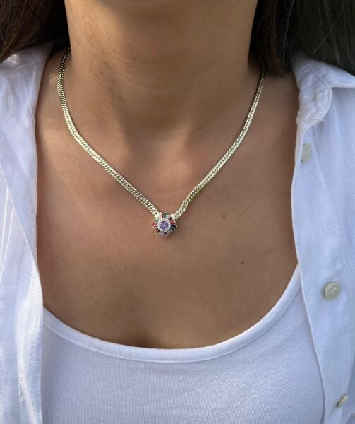 Renkli Taşlı Kare Uçlu Kolye