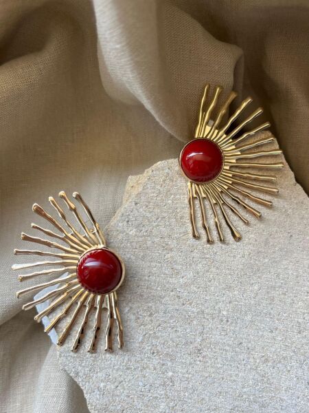 Red Stone Wire Earrings