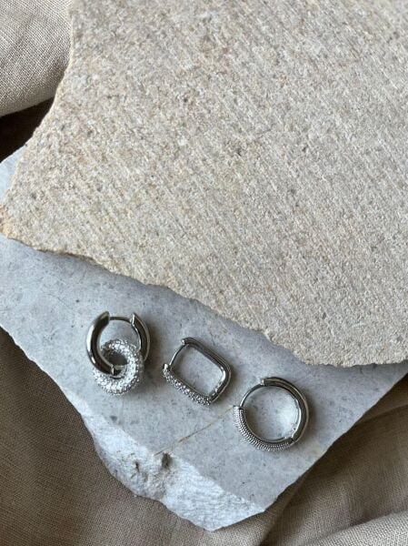 YSX Jewelry Gümüş Renkli Taşlı Üçlü Küpe Seti