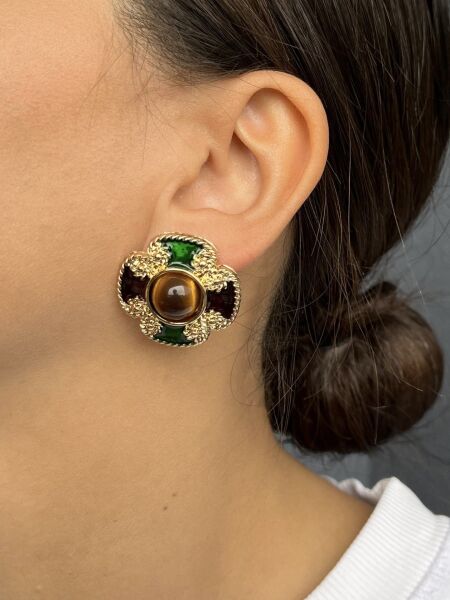 Sarı Yeşil Renkli Kahverengi Taşlı Küpe