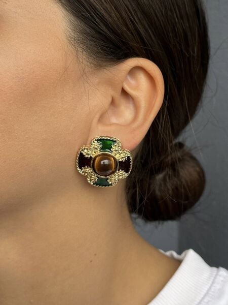 Sarı Yeşil Renkli Kahverengi Taşlı Küpe