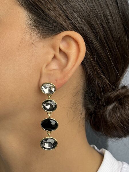 Üç Siyah Taşlı Sarkıt Küpe