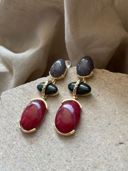 Siyah Bordo Taşlı Küpe