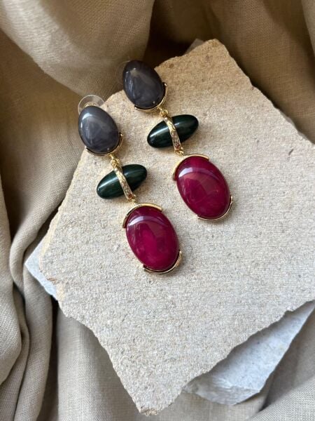 Siyah Bordo Taşlı Küpe