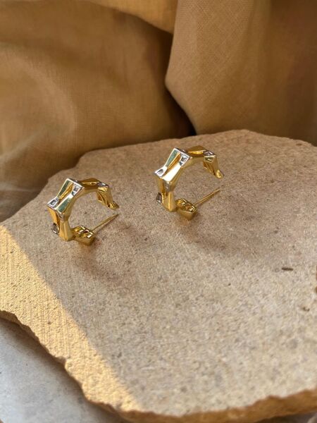 Altın Gümüş Renkli Taşlı V Desenli Küpe