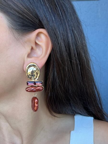 Kahverengi Taşlı Sarkıt Küpe