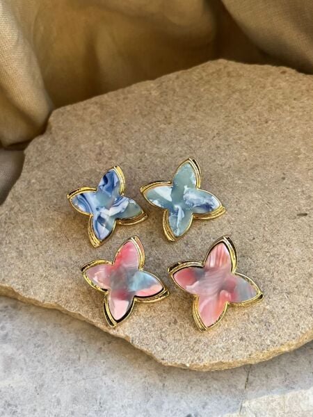 Pembe Pastel Taş Yaprak Küpe