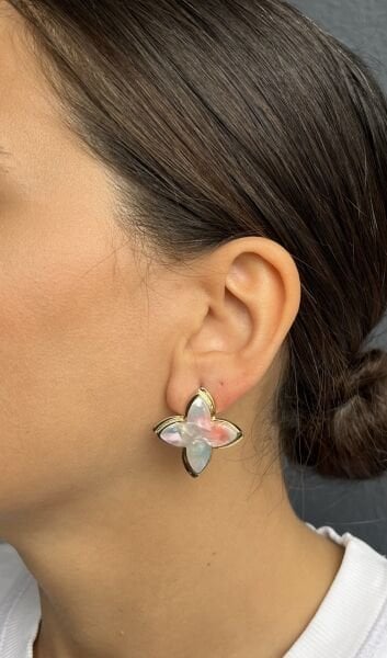 Pembe Pastel Taş Yaprak Küpe