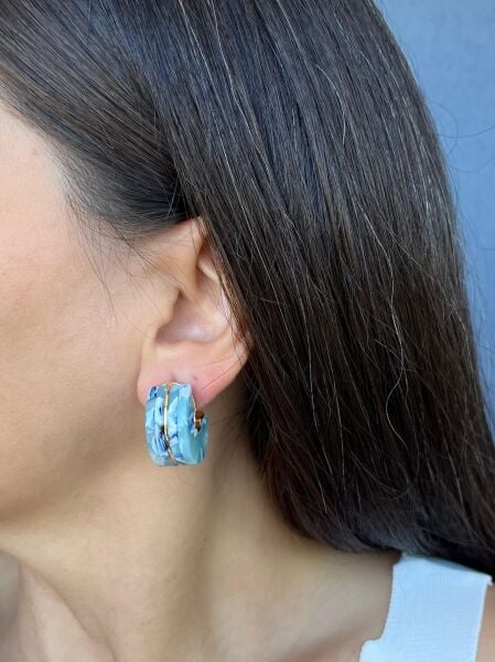 Mavi Desenli Yarım Tekerlek Küpe