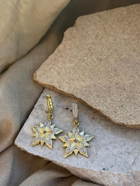 Taşlı Altın Renkli Yıldız Küpe