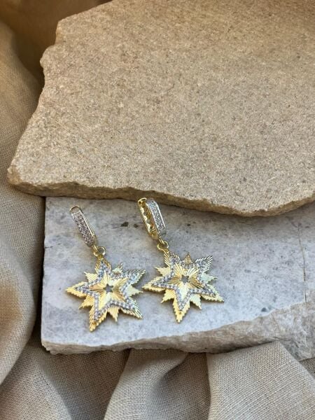 Taşlı Altın Renkli Yıldız Küpe