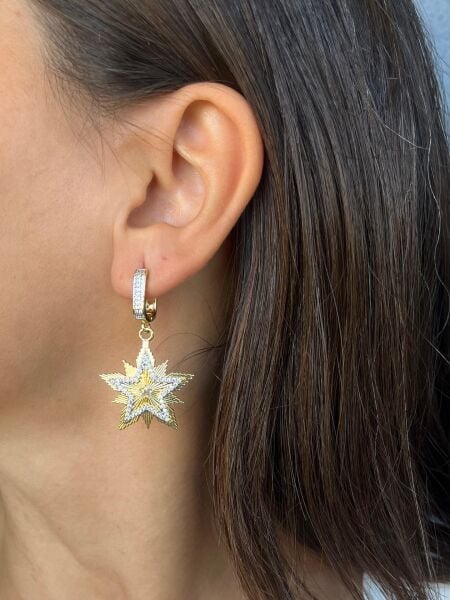 Taşlı Altın Renkli Yıldız Küpe