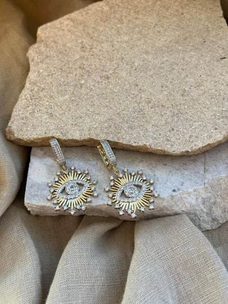 Altın Gümüş Renkli Göz Desenli Küpe