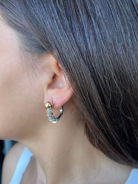 Gümüş Taşlı Altın Renkli Halkalı Küpe