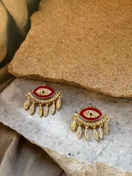 Altın Renkli Taşlı Kırmızı Gözlü Küpe
