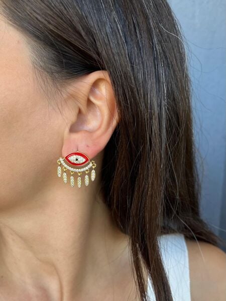 Altın Renkli Taşlı Kırmızı Gözlü Küpe