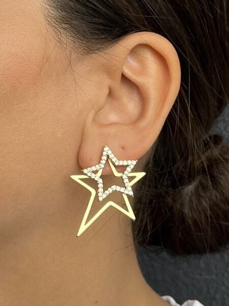 Altın Renkli Taşlı İki Yıldızlı Küpe