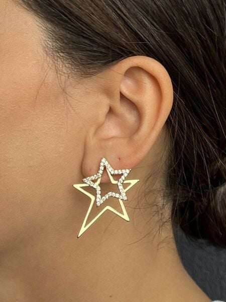 Altın Renkli Taşlı İki Yıldızlı Küpe