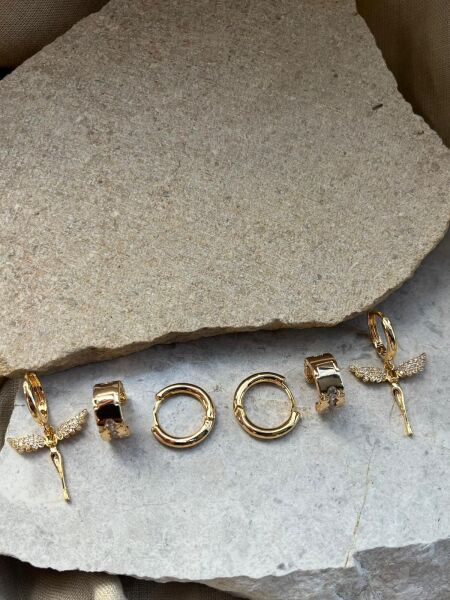 Altın Renkli Taşlı Perili Altılı Küpe