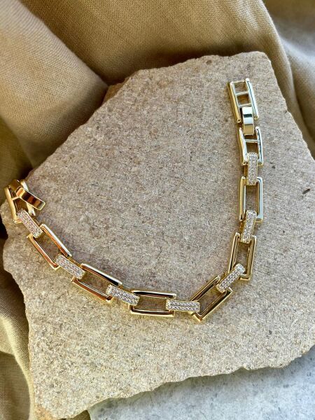 14K Kare Kelepçe Dizili Bileklik