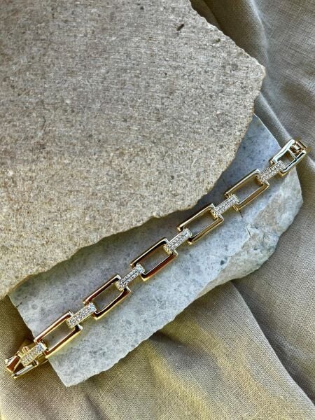 14K Kare Kelepçe Dizili Bileklik