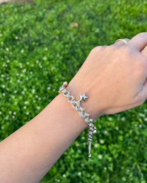 14K Kalpli Yıldızlı İki Renkli Bileklik