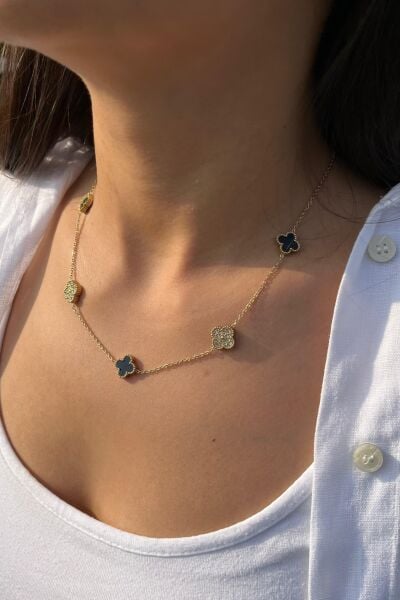 Siyah Yonca ve Taşlı Yonca Kolye