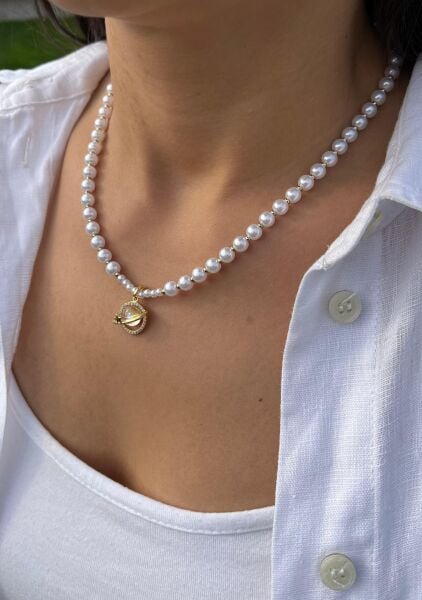 İnci Taş Dizilimli Gezegen Uçlu Kolye