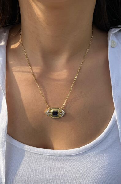 Black Stone Hexagonal Pendant Necklace