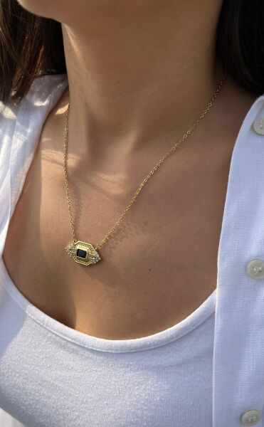 Black Stone Hexagonal Pendant Necklace
