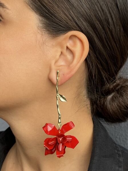 Kırmızı Çiçekli Sarkıt Küpe