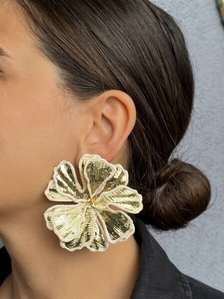 White and Gold Patterned Large Leaf Earrings