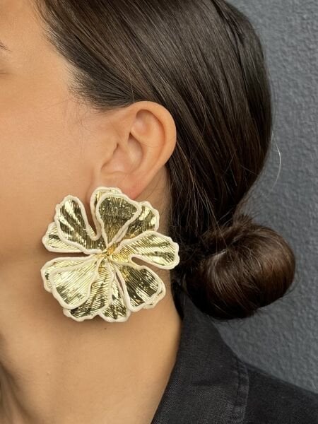 White and Gold Patterned Large Leaf Earrings