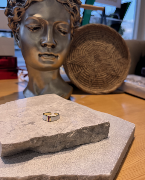 Kırmızı Taşlı Beyaz Şerit Yüzük