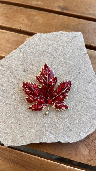 Taşlı Kırmızı Yaprak Broş