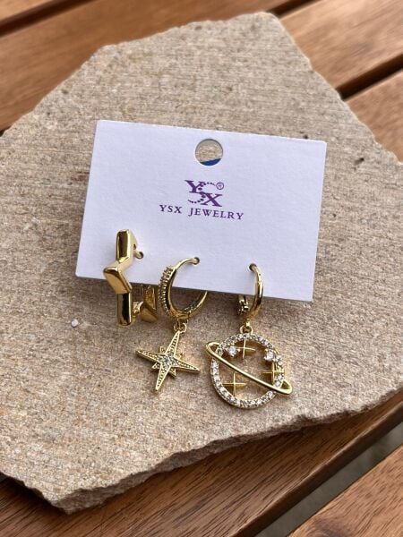 YSX Jewelry Yıldız Detaylı Üçlü Küpe Seti