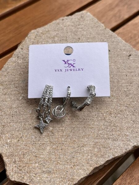 YSX Jewelry Gümüş Yıldız ve Taşlı Üçlü Küpe Seti