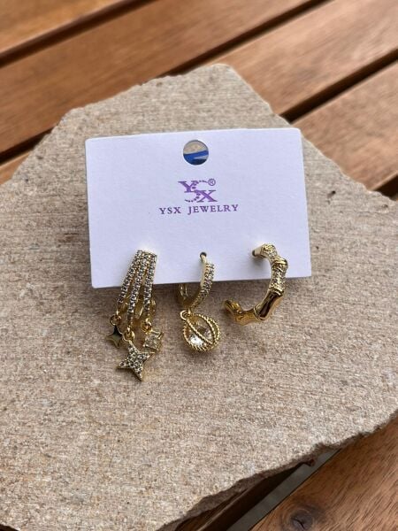 YSX Jewelry Altın Yıldız ve Taşlı Üçlü Küpe Seti