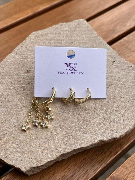 YSX Jewelry Altın Yıldızlı Üçlü Küpe Seti