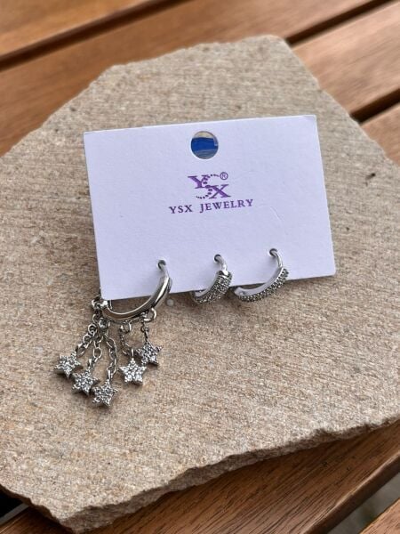 YSX Jewelry Gümüş Yıldızlı Üçlü Küpe Seti