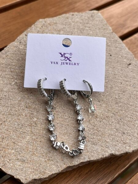 YSX Jewelry Gümüş Taşlı Zincir Üçlü Küpe Seti