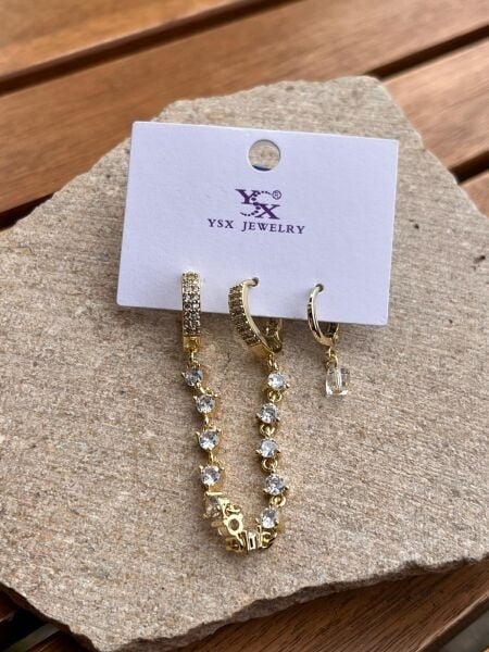YSX Jewelry Altın Taşlı Zincir Üçlü Küpe Seti