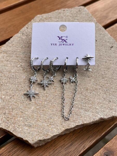 YSX Jewelry Gümüş Kuzey Yıldızı Altılı Küpe Seti
