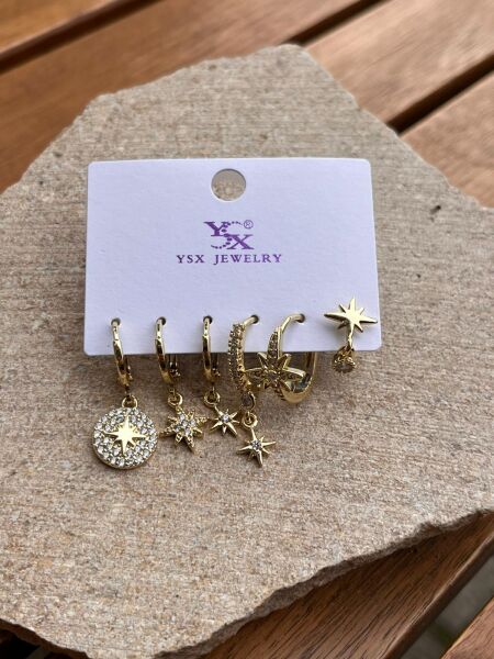 YSX Jewelry Altın Kuzey Yıldız Altılı Küpe Seti